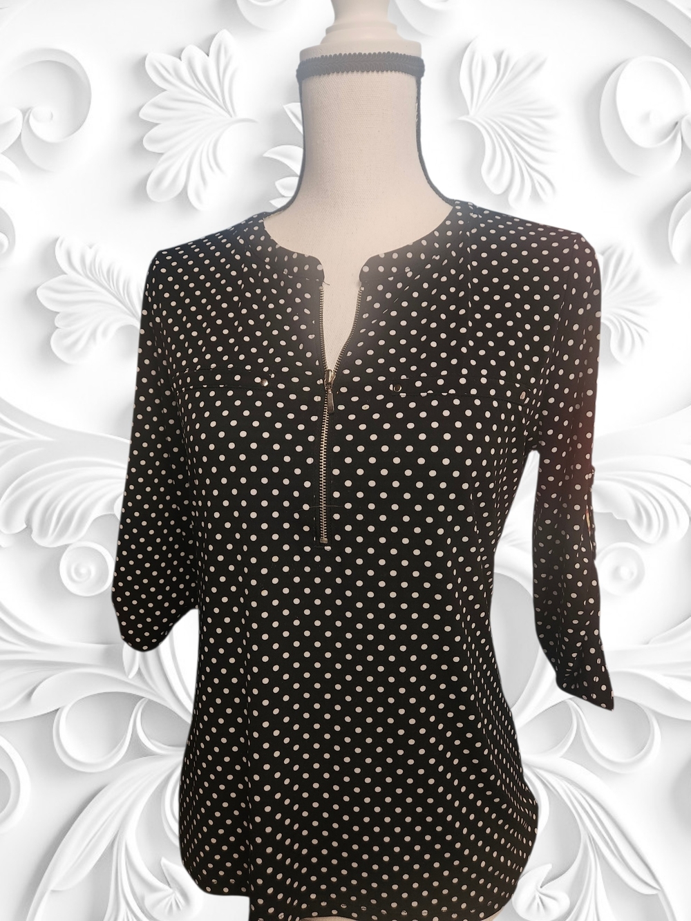 Black Polka Dot Zip Front Blouse